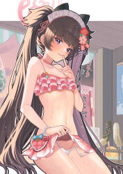 Rule 34 | 1girl, absurdres, animal ears, bikini, bikini bottom pull, blue archive, blush, breasts, brown hair, chocolate banana, choker, clothes lift, collarbone, commentary request, fake animal ears, finger to mouth, flower, frilled bikini, frills, hair flower, hair ornament, halo, hechi maro, highres, jewelry, lifting own clothes, long hair, looking at viewer, maid headdress, narrowed eyes, navel, official alternate costume, pink bikini, pink ribbon, presenting, purple eyes, ribbon, ribbon choker, ring, scrunchie, shizuko (blue archive), shizuko (swimsuit) (blue archive), sidelocks, skirt, skirt lift, small breasts, solo, stomach, swimsuit, twintails, very long hair, wet, wrist scrunchie