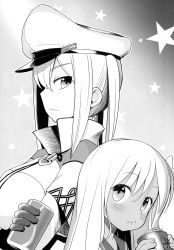 Rule 34 | 10s, 2girls, ahenn, banknote, can, drink can, gloves, graf zeppelin (kancolle), greyscale, hat, height difference, highres, kantai collection, long hair, money, monochrome, multiple girls, non-web source, peaked cap, remodel (kantai collection), ro-500 (kancolle), soda can, star (symbol), tan, twintails, wallet