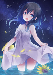 Rule 34 | 1girl, :d, bare arms, bare shoulders, black hair, blue eyes, blue hair, blush, commentary request, dress, flower, gradient hair, hair between eyes, head tilt, highres, kuroi (liar-player), looking at viewer, moe2018, multicolored hair, night, night sky, open mouth, original, skirt hold, sky, sleeveless, sleeveless dress, smile, solo, star (sky), starry sky, sunflower, wading, water, wet, white dress, yellow flower