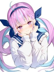 Rule 34 | 1girl, absurdres, ahoge, blue hair, blue hairband, blue ribbon, blue sailor collar, blush, closed mouth, colored inner hair, commentary request, darjeeling (reley), frilled sailor collar, frills, hair ribbon, hairband, hands on own cheeks, hands on own face, highres, hololive, jacket, long sleeves, looking at viewer, minato aqua, minato aqua (sailor), multicolored hair, pink eyes, pink hair, ribbon, sailor collar, simple background, solo, upper body, virtual youtuber, white background, white jacket