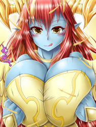 Rule 34 | baroque20320514fu, blush, breasts, cleavage, hera-sowilo (p&amp;d), huge breasts, looking at viewer, monster girl, puzzle &amp; dragons, red hair, yellow eyes