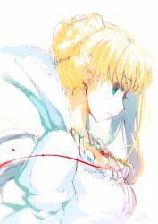 Rule 34 | 10s, 1girl, aldnoah.zero, asseylum vers allusia, blonde hair, creayus, dress, green eyes, jewelry, looking at viewer, necklace, simple background, solo, white background, white dress