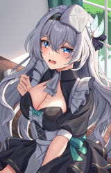 Rule 34 | 1girl, absurdres, alternate costume, black hairband, blush, bow, breasts, commentary, enmaided, firefly (honkai: star rail), grey hair, hair ornament, hairband, highres, honkai: star rail, honkai (series), house, large breasts, long hair, looking at viewer, maid, open mouth, shouhaku0512, solo, two-tone eyes