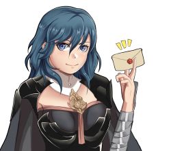 Rule 34 | armlet, armor, between fingers, blue eyes, blue hair, bodice, breasts, bustier, byleth (female) (fire emblem), byleth (fire emblem), capelet, closed mouth, clothing cutout, coat, fire emblem, fire emblem: three houses, hand on own hip, highres, holding, lepypepy, lips, looking at viewer, nintendo, shoulder armor, simple background, smash invitation, standing, tassel, turtleneck, upper body, vambraces, white background