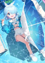 Rule 34 | 1girl, absurdres, arona (blue archive), blue archive, blue hair, blue pupils, blue serafuku, blue shirt, blush, bow, bow hairband, choker, colored inner hair, commentary request, desk, hair over one eye, hairband, halo, highres, charm (object), koika, light blue hair, long sleeves, lying, midriff, miniskirt, multicolored hair, on back, open mouth, partial commentary, partially submerged, pink hair, ribbon, sailor collar, school uniform, serafuku, shirt, shirt bow, shoes, skirt, sleeve cuffs, smile, sneakers, umbrella, water, wet, wet clothes, wet hair, white choker, white footwear, white hairband, white ribbon, white sailor collar, white skirt, white umbrella
