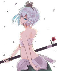 Rule 34 | 1girl, absurdres, bandages, bare arms, bare shoulders, black hairband, black ribbon, blue eyes, breasts, chest sarashi, commentary request, cowboy shot, flower, from behind, green skirt, hair ribbon, hairband, head tilt, highres, holding, holding sword, holding weapon, katana, konpaku youmu, looking at viewer, looking back, midriff, minaminyan (4712751), petals, red flower, ribbon, sarashi, scabbard, sheath, sheathed, short hair, simple background, skirt, small breasts, solo, standing, strapless, sword, touhou, tube top, weapon, white background
