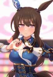 Rule 34 | 1girl, absurdres, admire vega (umamusume), animal ears, blurry, blurry background, blush, brown hair, commentary request, heart, heart hands, highres, horse ears, horse tail, hukahito, long hair, looking at viewer, ponytail, purple eyes, solo, stage, sweat, tail, umamusume, umapyoi densetsu
