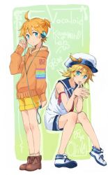 Rule 34 | 2boys, bad id, bad pixiv id, bare shoulders, blonde hair, blue eyes, boots, character name, copyright name, fingers together, full body, green background, hat, headphones, hood, hoodie, kagamine len, looking at viewer, male focus, multiple boys, oliver (vocaloid), own hands together, ponytail, ribbon, sagami hako, sailor, sailor hat, shoes, shorts, sneakers, vocaloid