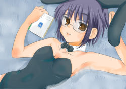 Rule 34 | 00s, 1girl, animal ears, arm up, armpits, bare shoulders, black leotard, book, bow, bowtie, breasts, brown hair, rabbit ears, playboy bunny, carpet, covered navel, detached collar, eryu, fake animal ears, female focus, focused, glasses, grey hair, holding, leotard, looking up, lying, nagato yuki, on back, open book, reading, short hair, small breasts, solo, strapless, strapless leotard, suzumiya haruhi no yuuutsu