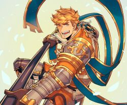Rule 34 | 1boy, absurdres, armored boots, black pants, blonde hair, boots, brown gloves, falling petals, gloves, granblue fantasy, green eyes, highres, holding, holding weapon, male focus, one eye closed, oneirio, open mouth, pants, petals, short hair, simple background, smile, solo, twitter username, vambraces, vane (granblue fantasy), weapon