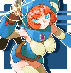 Rule 34 | 1girl, animal hood, blue eyes, breasts, breath of fire, breath of fire v, cat hood, gloves, gun, hood, large breasts, lin (breath of fire), medium breasts, orange hair, short hair, sicky (pit-bull), solo, tail, thighhighs, weapon