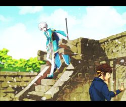 Rule 34 | 10s, 2boys, bad id, bad pixiv id, bishounen, brown hair, day, gloves, hinotta, letterboxed, male focus, mikleo (tales), multiple boys, pants, ruins, scenery, shirt, short hair, sky, sorey (tales), stairs, tales of (series), tales of zestiria, white hair