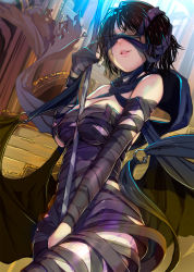 Rule 34 | 1girl, bandages, bandages over eyes, bare shoulders, black hair, breasts, demon&#039;s souls, highres, lips, looking at viewer, maiden in black, medium breasts, mikazuki akira!, naked bandage, open mouth, scarf, short hair, smile, solo, staff, standing