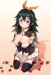 Rule 34 | 1girl, ameli (girls&#039; frontline), bandeau, black thighhighs, blush stickers, bobo (6630978), breasts, brown eyes, closed mouth, commentary request, earclip, fingerless gloves, full body, girls&#039; frontline, gloves, gradient background, green hair, hair between eyes, hair ribbon, heart, heart print, highres, kneeling, large breasts, long hair, looking at viewer, orange ribbon, own hands together, pleated skirt, ribbon, silhouette, skirt, solo, thighhighs, v arms, white gloves, white skirt