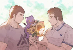 Rule 34 | 2boys, alternate costume, bad id, bad pixiv id, bara, black hair, blush, bouquet, brown hair, casual, chataro1412, couple, creature, flower, from side, glasses, grey shirt, holding, holding bouquet, holding flower, large pectorals, male focus, protagonist 3 (housamo), multiple boys, muscular, muscular male, name tag, pectorals, print shirt, rimless eyewear, motoori shiro, shirt, short hair, short sleeves, sunflower, sunlight, thick eyebrows, tokyo houkago summoners, upper body, white shirt, yaoi