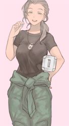 Rule 34 | 10s, 1girl, :d, black shirt, blush, breasts, carrying, carrying under arm, clothes around waist, cowboy shot, fuyushima shinji, genderswap, genderswap (mtf), green eyes, grey hair, hair over shoulder, hand on own hip, jewelry, jumpsuit, large breasts, legs together, long hair, looking at viewer, low ponytail, necklace, nod6125, open mouth, pink background, pocket, shirt, short sleeves, simple background, smile, solo, t-shirt, world trigger