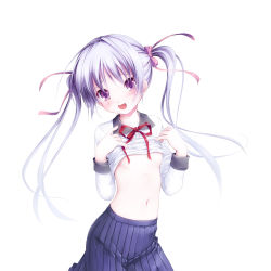 Rule 34 | 1girl, :d, aruciii, bad id, bad pixiv id, blush, clothes lift, fang, hair ribbon, long hair, midriff, navel, open mouth, original, purple eyes, ribbon, shirt lift, silver hair, skirt, smile, solo, twintails, white background