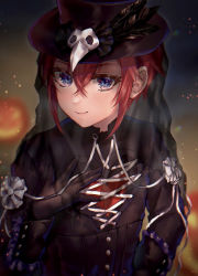 Rule 34 | 1boy, absurdres, black feathers, blue eyes, blush, buttons, feathers, gloves, halloween, hat, highres, looking at viewer, male focus, plague doctor mask, red hair, ribbon, riddle rosehearts, syatihoko, twisted wonderland, white ribbon