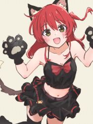 Rule 34 | 1girl, absurdres, alternate costume, animal ears, animal hands, black camisole, black skirt, black thighhighs, blush, bocchi the rock!, bow, bow camisole, camisole, cat ears, cat tail, collarbone, commentary, dot nose, feet out of frame, gloves, green eyes, hair between eyes, halloween, halloween costume, hands up, highres, kita ikuyo, light brown background, looking at viewer, medium hair, midriff, navel, one side up, open mouth, paw gloves, paw pose, red bow, red hair, simple background, skirt, smile, solo, tail, thighhighs, ukitaryu