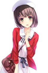 Rule 34 | 1girl, :d, bag, beret, brown eyes, brown hair, collarbone, commentary request, handbag, hat, highres, index finger raised, katou megumi, looking at viewer, open mouth, rko (a470350510), saenai heroine no sodatekata, short hair, simple background, smile, solo, white background, white hat