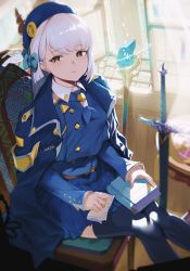 Rule 34 | 1girl, academy-ui him master, bad id, bad pixiv id, beret, blue bow, blue hat, blue jacket, blue neckwear, book, bow, breasts, brown eyes, cover, cover page, crystal, hair bow, handkerchief, hat, highres, holding, holding book, holding handkerchief, jacket, jacket on shoulders, jin rou, looking at viewer, medium breasts, novel cover, official art, silver hair, sitting, smile, solo, staff, sword, textless version, thighhighs, weapon