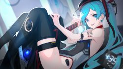 Rule 34 | 1girl, :d, absurdres, alarm clock, android, aqua eyes, asagon007, bare shoulders, black hat, blue eyes, blue hair, blurry, blurry background, clock, damaged, guitar, hair ornament, hat, hatsune miku, highres, holding, instrument, knees up, leotard, long hair, looking at viewer, lying, mechanical parts, on back, open mouth, parted bangs, sidelocks, smile, solo, thighhighs, thighlet, twintails, very long hair, vocaloid