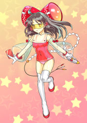Rule 34 | 1girl, bow, colorized, expressionless, female focus, hair bow, hakurei reimu, leg up, leotard, long hair, looking at viewer, red bow, red leotard, science fiction, sentarou, solo, standing, standing on one leg, star (symbol), touhou