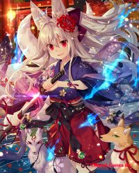 Rule 34 | animal ears, breasts, company name, falkyrie no monshou, fox ears, fox girl, fox tail, holding, holding sheath, holding sword, holding weapon, japanese clothes, kimono, large breasts, long hair, looking at viewer, natsumekinoko, official art, parted lips, red eyes, sheath, silver hair, smile, sword, tail, unsheathing, very long hair, weapon