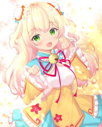 Rule 34 | 1girl, :d, absurdres, bell, blonde hair, blue skirt, blush, bun cover, chinese clothes, commentary request, double bun, fang, floral background, flower, frilled skirt, frilled sleeves, frills, green eyes, hair bun, hair flower, hair ornament, hands up, highres, hololive, huge filesize, jingle bell, kanti15, long hair, long sleeves, looking at viewer, momosuzu nene, momosuzu nene (old design), neck ribbon, open mouth, paw pose, red ribbon, ribbon, skirt, smile, solo, two side up, virtual youtuber, white flower, wide sleeves