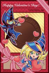 Rule 34 | 1boy, 1girl, artist name, blonde hair, blue eyes, blue footwear, blush stickers, boots, card (medium), colored skin, commentary, dark magician, dark magician girl, dated, duel monster, green eyes, green skin, hair between eyes, happy valentine, hat, heart, highres, holding, holding staff, long hair, looking at viewer, open mouth, outline, smile, soya (sys ygo), staff, valentine, wizard hat, yu-gi-oh!