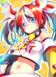 Rule 34 | 1girl, :3, absurdres, animal ears, blue eyes, blush, closed mouth, collar, detached sleeves, dice hair ornament, hair ornament, hakos baelz, highres, hololive, hololive english, kanimiso (juutilainen77), layered sleeves, looking at viewer, midriff, mouse ears, mouse girl, mousetrap, multicolored hair, navel, red hair, smile, solo, spiked collar, spikes, streaked hair, tube top, twintails, virtual youtuber, white hair, white tube top