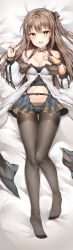 Rule 34 | 1girl, bad id, bad twitter id, bare shoulders, bed sheet, black panties, black skirt, blush, breasts, brown eyes, brown hair, brown pantyhose, cleavage, clenched hand, collarbone, dakimakura (medium), fingerless gloves, full body, girls&#039; frontline, gloves, hair ornament, hairclip, hand on own chest, hand up, highres, jacket, k2 (girls&#039; frontline), long hair, looking at viewer, lying, medium breasts, miniskirt, navel, no shoes, off shoulder, on back, open clothes, open jacket, open mouth, open skirt, panties, pantyhose, partially fingerless gloves, sidelocks, simple background, skirt, smile, solo, stomach, strap, tareme, teeth, thighband pantyhose, underwear, upper teeth only, zerocat