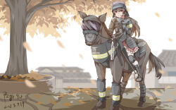 Rule 34 | 1girl, absurdres, black footwear, black hair, blurry, blurry background, chinese commentary, commentary request, dated, hair tubes, hakurei reimu, helmet, highres, horse, horseback riding, long hair, outdoors, police, police uniform, pzgr.40, riding, sidelocks, signature, simple background, touhou, tree, uniform, white background