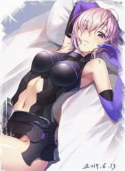Rule 34 | 1girl, armor, breasts, clothing cutout, dated, elbow gloves, eyes visible through hair, fate/grand order, fate (series), from above, gloves, hair between eyes, highres, looking at viewer, lying, mash kyrielight, medium breasts, navel cutout, on back, on bed, pink hair, purple eyes, purple gloves, short hair, solo, zhi hei zhi ye