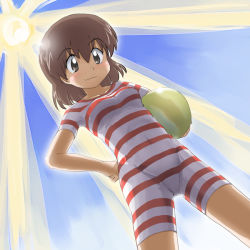 Rule 34 | 00s, 1girl, ball, beachball, brown hair, kasugano hiyori, multicolored one-piece swimsuit, old-fashioned swimsuit, one-piece swimsuit, short hair, sketchbook full colors, solo, striped clothes, striped one-piece swimsuit, swimsuit, tanada-bon