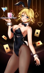 Rule 34 | 1girl, absurdres, animal ears, annno ans, black bow, black bowtie, black leotard, blonde hair, bow, bowtie, breasts, brown background, brown pantyhose, card, cleavage, commission, cowboy shot, detached collar, drink, fake animal ears, glass, green eyes, highres, idolmaster, idolmaster cinderella girls, large breasts, leotard, looking at viewer, pantyhose, pixiv commission, playboy bunny, playing card, playing card theme, rabbit ears, rabbit tail, short hair, solo, standing, strapless, strapless leotard, tail, umeki otoha, wrist cuffs