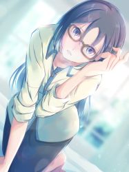 Rule 34 | 1girl, adjusting hair, alice gear aegis, blue eyes, blue hair, blurry, blurry background, glasses, highres, looking at viewer, momoshina fumika, nica (32400260), on bed, open mouth, pants, shirt, solo