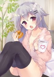 Rule 34 | 1girl, black thighhighs, blush, borrowed character, breasts, chestnut mouth, coffee, coffee mug, collarbone, cup, curtains, doughnut, drawstring, eyelashes, fang, fingernails, food, grey hair, hair between eyes, hair ornament, hairclip, head tilt, heart, heart print, highres, holding, holding cup, holding food, hood, hood down, hoodie, indoors, irone (miyamiya38), knees up, long hair, long sleeves, looking at viewer, mug, naked hoodie, original, pillow, plant, pom pom (clothes), potted plant, red eyes, shiny skin, sitting, small breasts, solo, steam, thighhighs, two side up, wing print