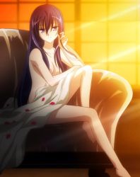 Rule 34 | 00s, 1girl, adjusting hair, barefoot, bed sheet, blue eyes, blue hair, blurry, breasts, censored, chair, convenient censoring, couch, feet, feet on chair, hair between eyes, hair censor, hair over breasts, highres, indoors, kaon (kyoushirou to towa no sora), kyoushirou to towa no sora, legs, light rays, long hair, long legs, looking at viewer, looking back, matching hair/eyes, naked sheet, petals, profile, rose petals, screencap, sidelocks, sitting, smile, solo, stitched, sunbeam, sunlight, sunset, third-party edit, window