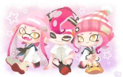 Rule 34 | 1boy, 2girls, :&gt;, :d, ankle boots, beanie, black neckerchief, black shorts, blue sailor collar, bobblehat, boots, bright pupils, buttons, closed mouth, collared shirt, fangs, hat, headphones, inkling, inkling girl, inkling player character, long hair, long sleeves, looking at another, mohawk, multiple girls, neckerchief, nintendo, no nose, octoling, octoling girl, octoling player character, one-piece swimsuit, open mouth, pink hair, pink headwear, pointy ears, pom pom (clothes), sailor collar, school uniform, serafuku, shirt, short hair, short sleeves, shorts, smile, splatoon (series), splatoon 2, star (symbol), striped clothes, striped headwear, suction cups, swimsuit, white pupils, white shirt, yellow eyes, yellow footwear, yoshishi (yosisitoho)