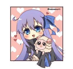 Rule 34 | 1girl, :&gt;, animal, animal hug, black jacket, blue bow, blue eyes, blush, bow, commentary request, fate/extra, fate/extra ccc, fate (series), hair between eyes, hair bow, heart, heart background, jacket, long hair, long sleeves, meltryllis (fate), parted lips, popo (popopuri), purple hair, sheep, sleeves past fingers, sleeves past wrists, solo, triangle mouth, twitter username, upper body, very long hair