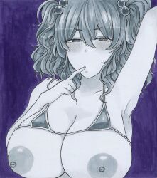 Rule 34 | 1girl, arm up, bikini, blue background, blush, commentary, finger to mouth, greyscale with colored background, hair between eyes, hair bobbles, hair ornament, highres, medium hair, micro bikini, monochrome, nipples, onozuka komachi, solo, swimsuit, touhou, two side up, upper body, washiwa