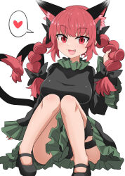 Rule 34 | 1girl, :3, :d, animal ear fluff, animal ears, arm at side, arm support, ass, black bow, black footwear, black ribbon, bow, braid, breasts, cat ears, cat tail, chups, convenient censoring, dress, fang, frilled sleeves, frills, grey dress, hair bow, hair ribbon, hand up, heart, heart tail, highres, holding, holding own hair, kaenbyou rin, knees, knees to chest, knees together feet apart, knees up, large breasts, leg ribbon, light blush, long hair, long sleeves, looking at viewer, mary janes, multiple tails, nail polish, nekomata, no socks, open mouth, pigeon-toed, red eyes, red hair, red nails, ribbon, shoes, simple background, sitting, sleeves past wrists, smile, solo, spoken heart, tail, touhou, tress ribbon, tsurime, twin braids, twintails, two tails, white background