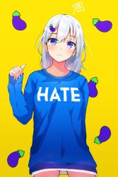 Rule 34 | 1girl, absurdres, arm behind back, bad id, bad pixiv id, blue dress, blue eyes, blush, closed mouth, clothes writing, cowboy shot, dress, eggplant, english text, food-themed background, food-themed hair ornament, frown, hair ornament, hairclip, head tilt, highres, long hair, long sleeves, mole, mole under eye, original, osanzi, print dress, raised eyebrows, silver hair, sleeves past wrists, solo, squiggle, standing, sweater, sweater dress, yellow background