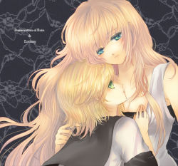 Rule 34 | 2girls, aoyama homare, blonde hair, blue eyes, expressionless, floating hair, green eyes, hand on another&#039;s chest, height difference, hug, kagamine rin, long hair, looking at viewer, megurine luka, multiple girls, parted lips, pink hair, short hair, very long hair, vocaloid, yamaha
