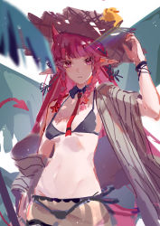 Rule 34 | 1girl, 9degree, absurdres, arknights, bikini, black bikini, black ribbon, blurry, blurry foreground, braid, breasts, chinese commentary, cleavage, closed mouth, commentary, cowboy shot, demon horns, demon tail, detached collar, eyelashes, hair ribbon, hand on headwear, hat, highres, horns, long hair, looking at viewer, navel, necktie, official alternate costume, pointy ears, red eyes, red hair, red necktie, ribbon, rubber duck, shade, shawl, side-tie bikini bottom, side braids, simple background, small breasts, smile, solo, stomach, straw hat, swimsuit, tail, tree, twin braids, vigna (arknights), vigna (casual vacation) (arknights), white background, wing collar, wristband