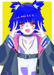 Rule 34 | 1girl, absurdres, animal ears, black choker, blue hair, cat ears, choker, fang, gris (vertigris), highres, looking at viewer, red eyes, solo, yellow background