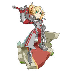 Rule 34 | 1girl, armor, blonde hair, breastplate, clarent (fate), commentary request, fate/apocrypha, fate (series), gauntlets, green eyes, highres, holding, holding sword, holding weapon, hyperbudd, leg armor, looking at viewer, mordred (fate), mordred (fate/apocrypha), ponytail, shoulder armor, simple background, solo, standing, sword, weapon, white background