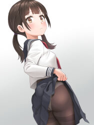 Rule 34 | 1girl, black sailor collar, black skirt, blush, brown eyes, brown hair, brown pantyhose, closed mouth, clothes lift, commentary request, gradient background, grey background, highres, lifting own clothes, long sleeves, looking at viewer, meow (nekodenki), neckerchief, original, panties, panties under pantyhose, pantyhose, red neckerchief, sailor collar, school uniform, serafuku, shirt, short hair, skirt, skirt lift, solo, twintails, underwear, white panties, white shirt