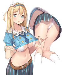 Rule 34 | 1girl, ass, belt, bikini, bikini under clothes, blonde hair, blue eyes, blue nails, blue neckerchief, blush, breasts, buttons, cleavage, clothes lift, commentary request, double-breasted, girls&#039; frontline, head tilt, headband, large breasts, lifting own clothes, long hair, looking at viewer, mtu virus, multiple views, nail polish, neckerchief, one side up, open mouth, pleated skirt, popqn, sailor collar, shirt lift, sidelocks, simple background, skindentation, skirt, socks, standing, suomi (girls&#039; frontline), swimsuit, thighs, upskirt, white background, white bikini, white legwear, white sailor collar